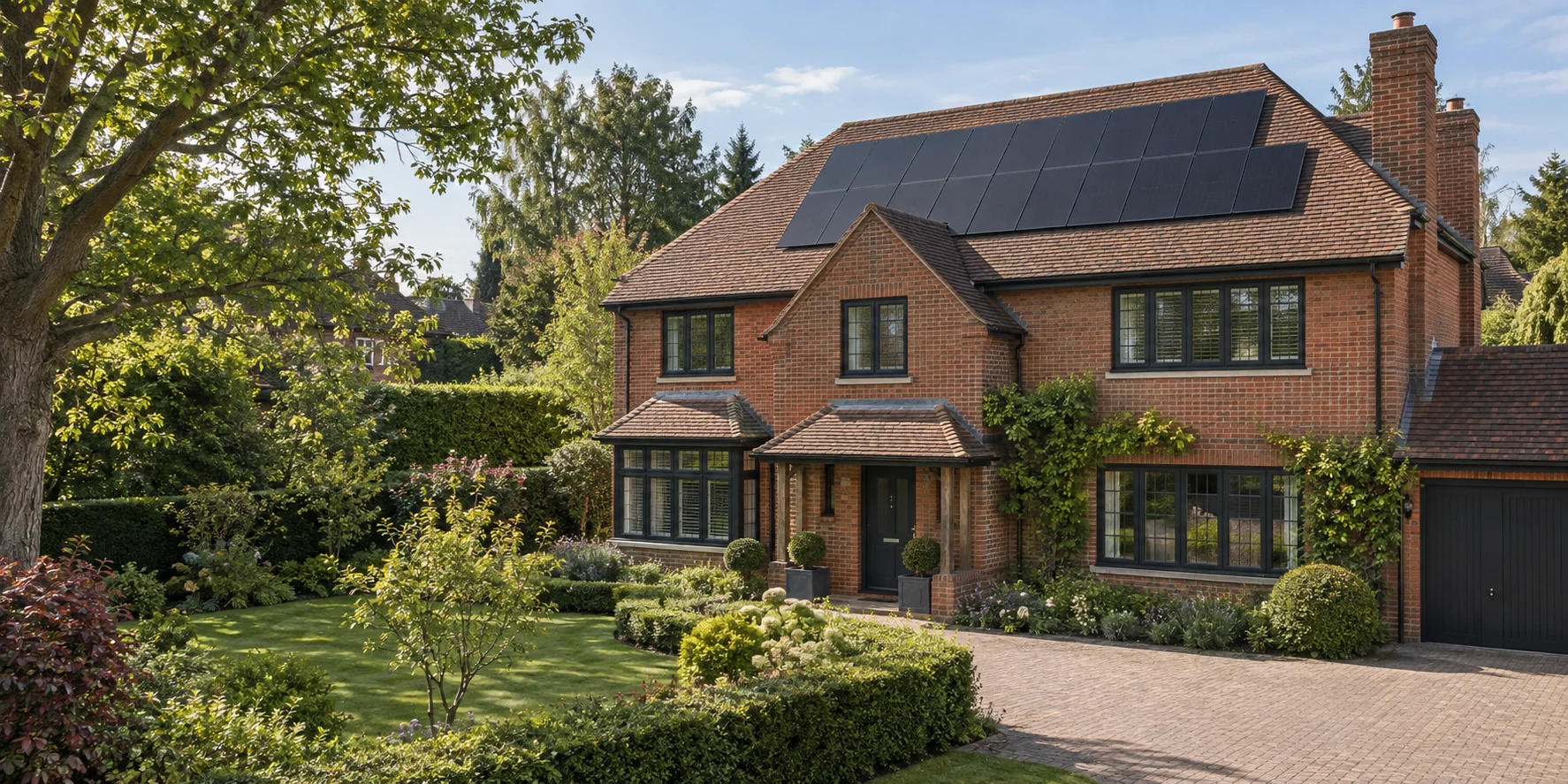English house with solar panels above a landscaped garden