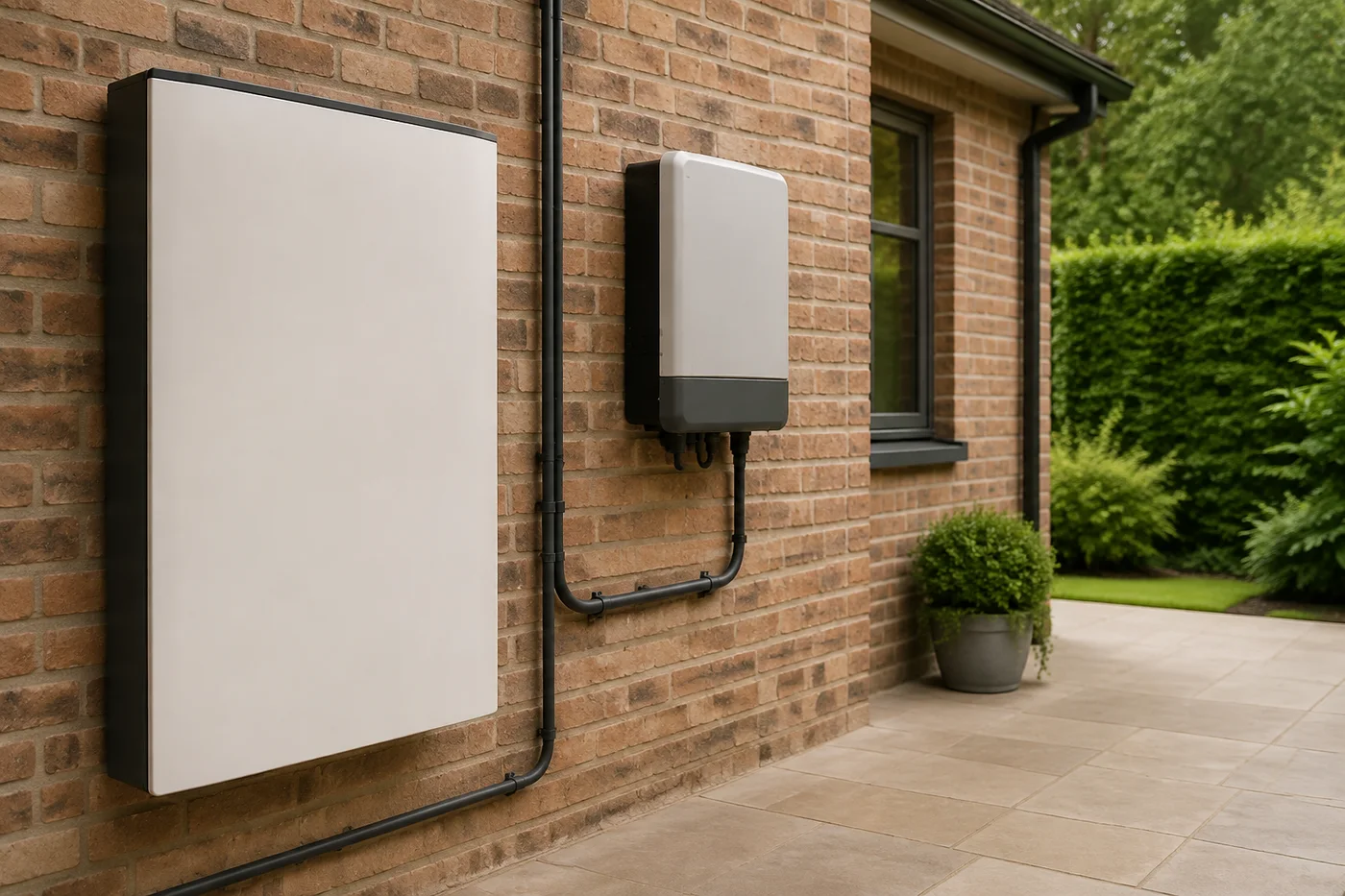 Home battery and inverter beside a brick wall